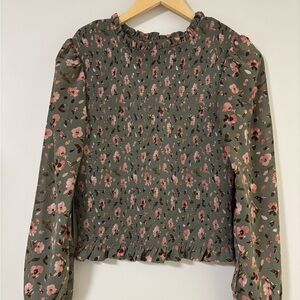 Black Tape Green Floral Smocked Blouse